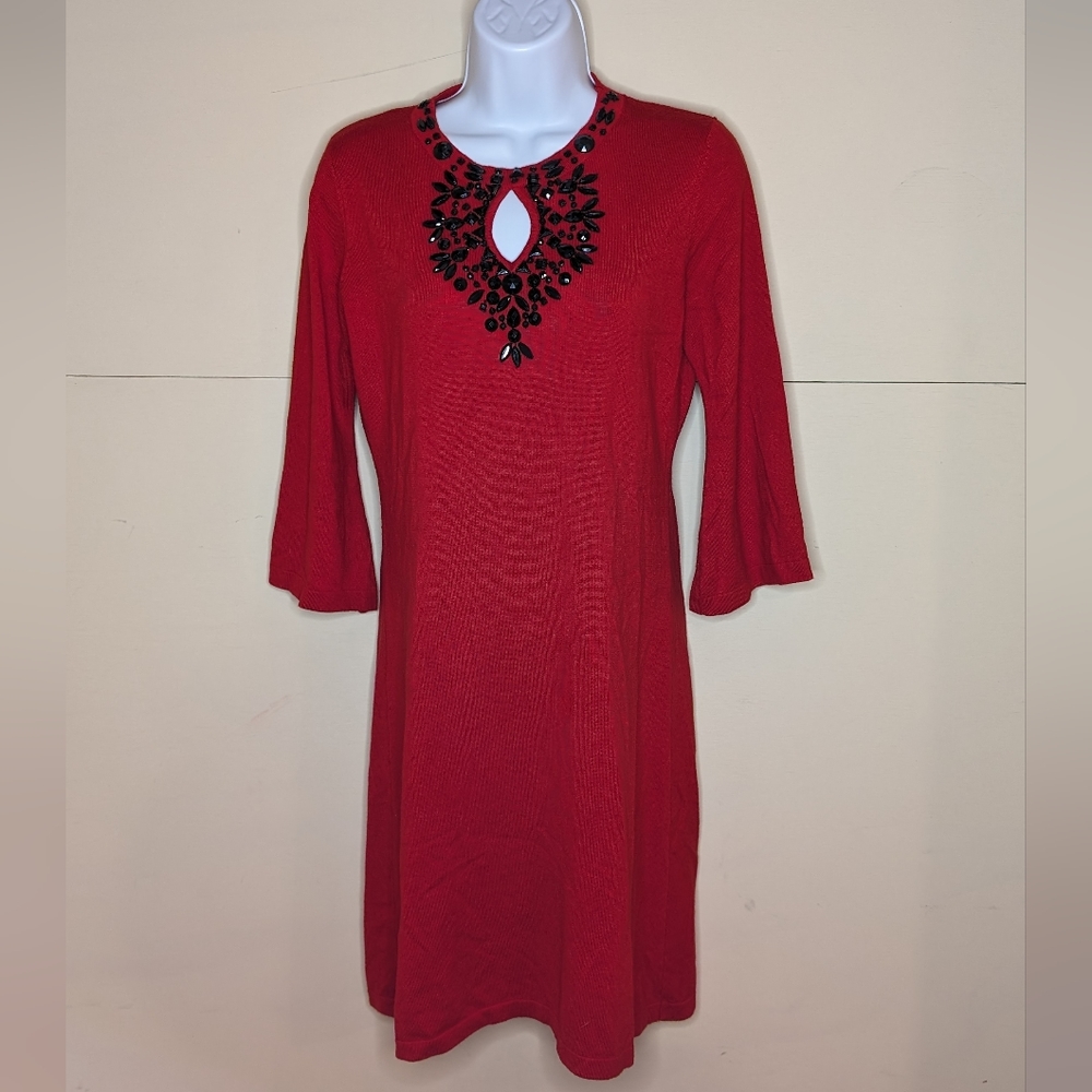 Esperanza Women's Sweater Dress Red with Black Jewel Embellishments